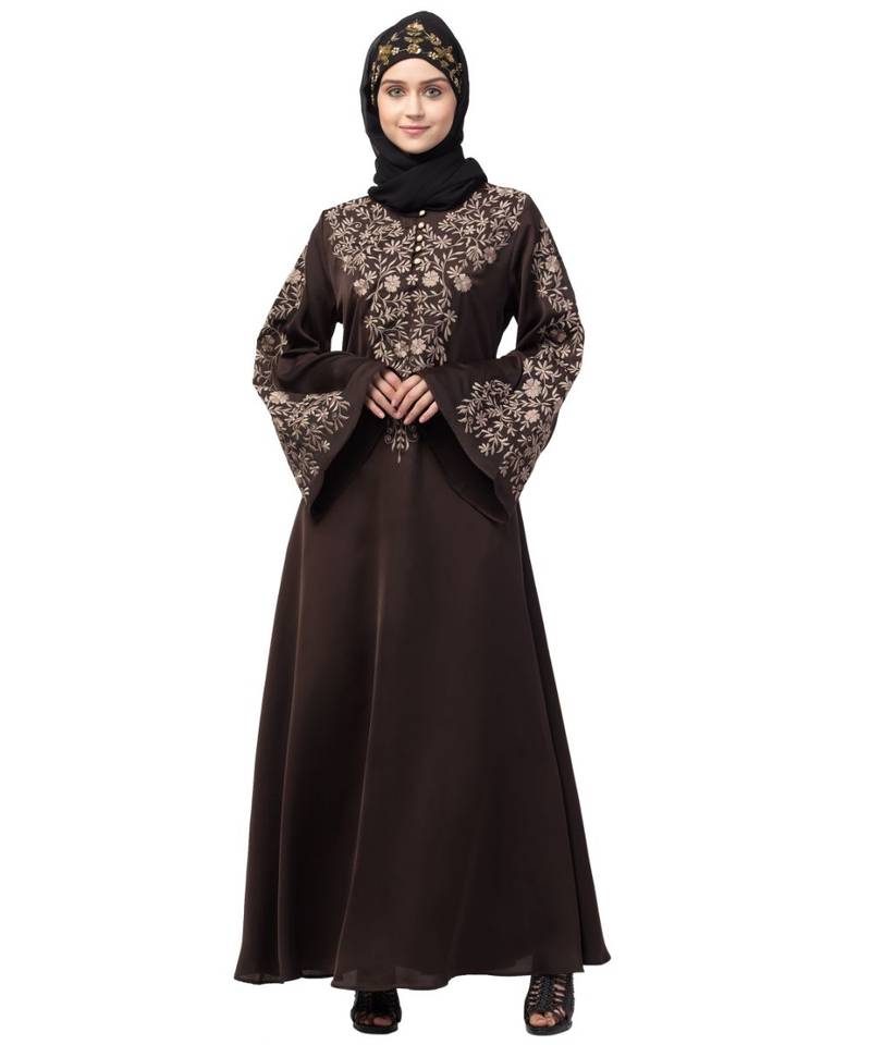 Nazneen Neck and Sleeve Resham Embroidered  A line Party Abaya
