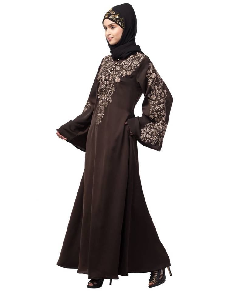 Nazneen Neck and Sleeve Resham Embroidered  A line Party Abaya