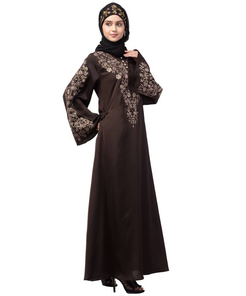 Nazneen Neck and Sleeve Resham Embroidered  A line Party Abaya