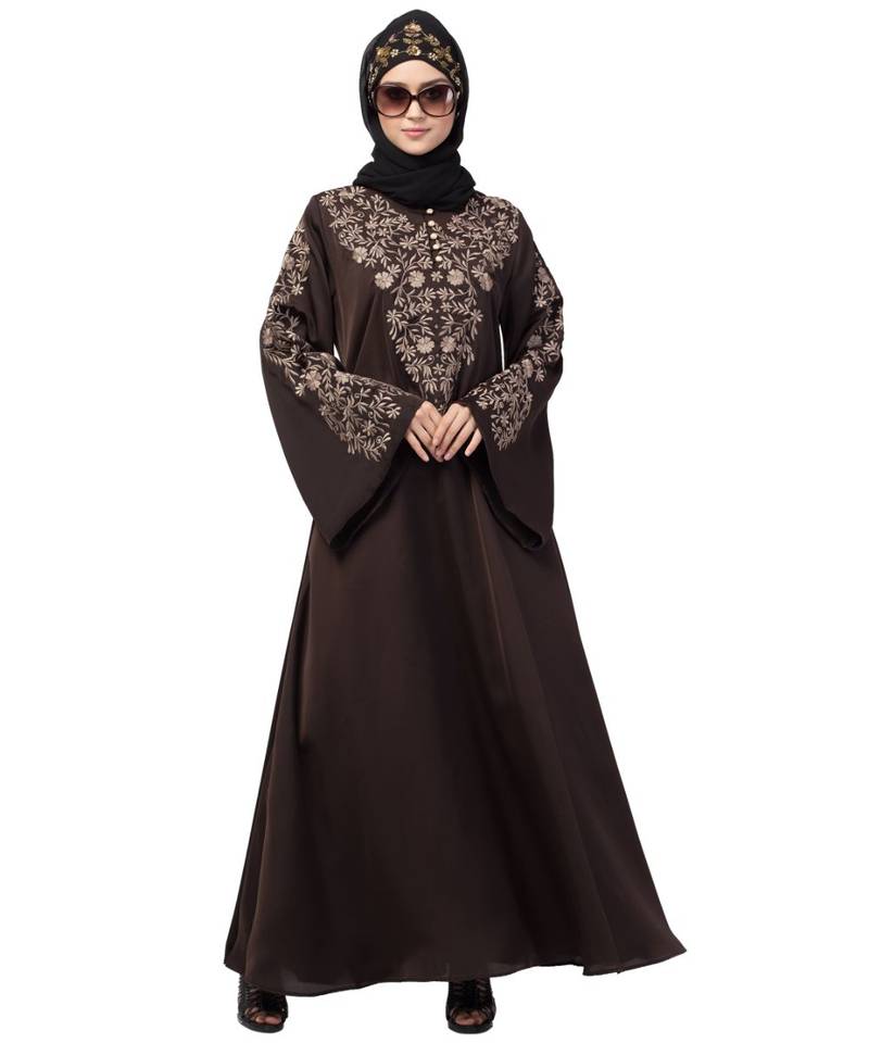 Nazneen Neck and Sleeve Resham Embroidered  A line Party Abaya