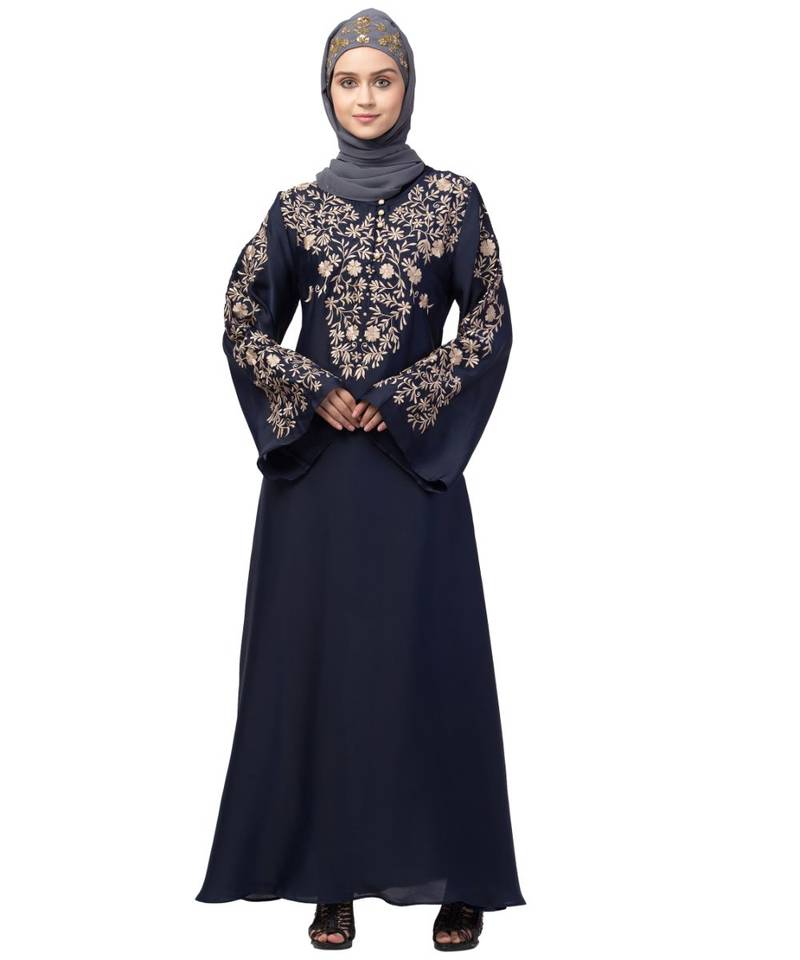 Nazneen Neck and Sleeve Resham Embroidered  A line Party Abaya