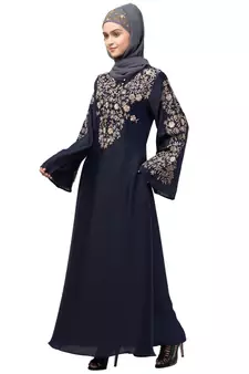 Nazneen Neck and Sleeve Resham Embroidered  A line Party Abaya