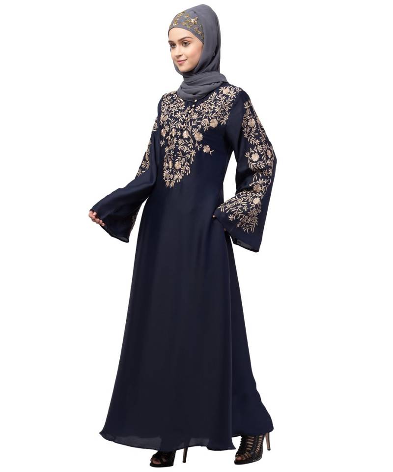 Nazneen Neck and Sleeve Resham Embroidered  A line Party Abaya