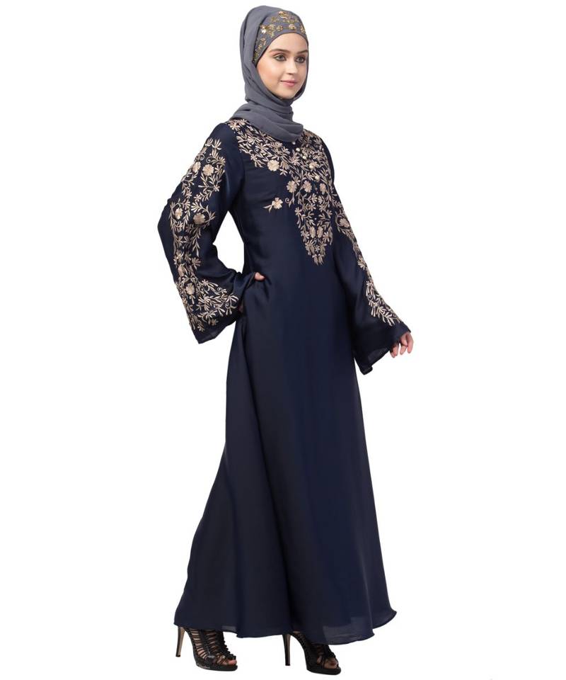 Nazneen Neck and Sleeve Resham Embroidered  A line Party Abaya