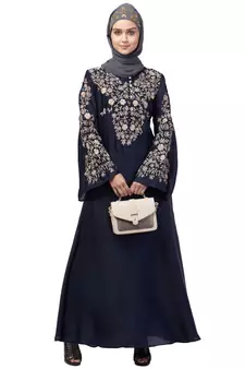 Nazneen Neck and Sleeve Resham Embroidered  A line Party Abaya
