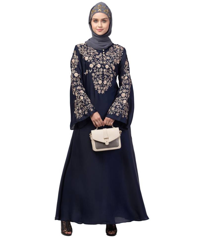 Nazneen Neck and Sleeve Resham Embroidered  A line Party Abaya