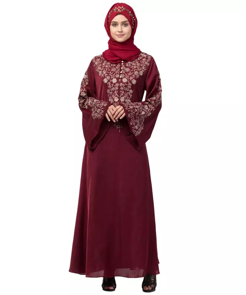Nazneen Neck and Sleeve Resham Embroidered  A line Party Abaya