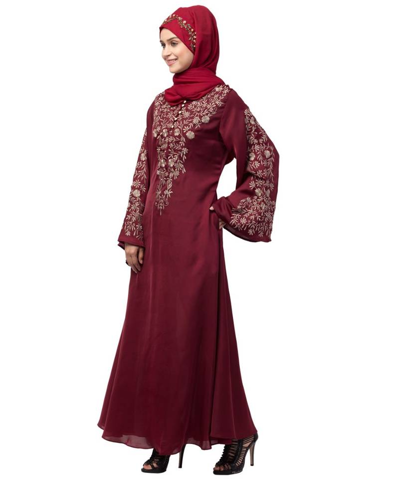 Nazneen Neck and Sleeve Resham Embroidered  A line Party Abaya
