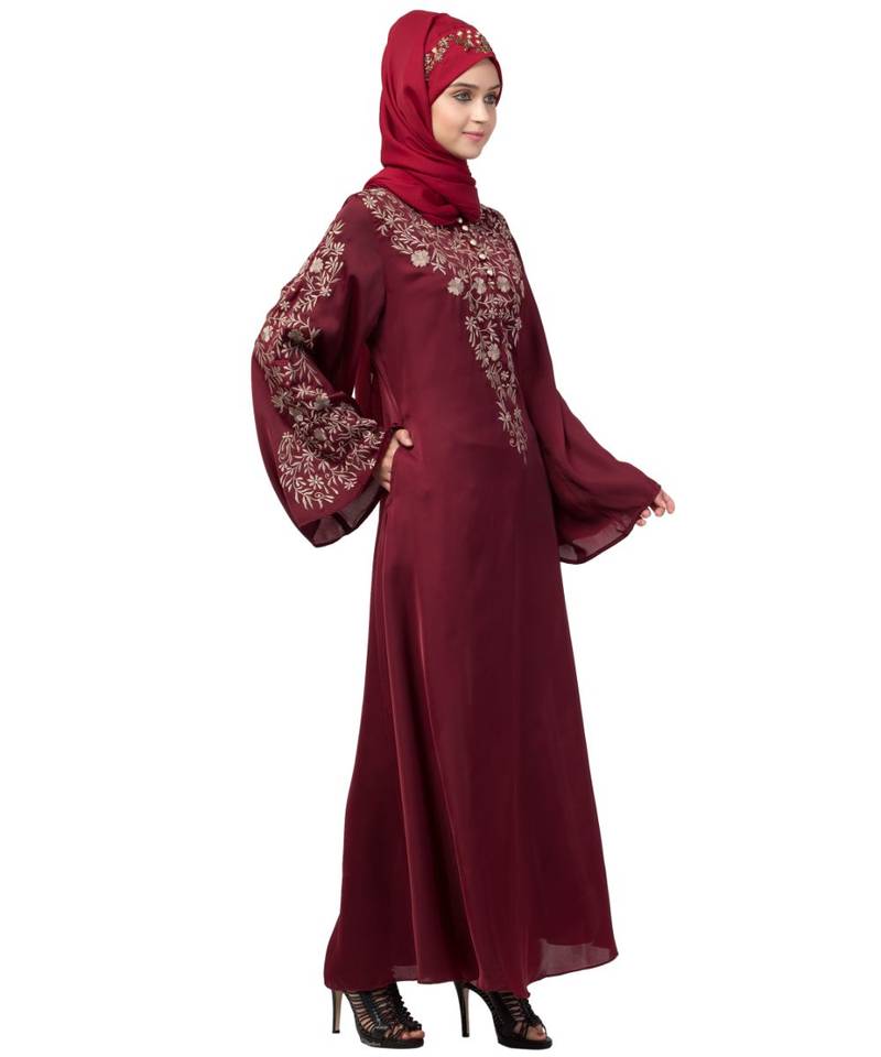 Nazneen Neck and Sleeve Resham Embroidered  A line Party Abaya
