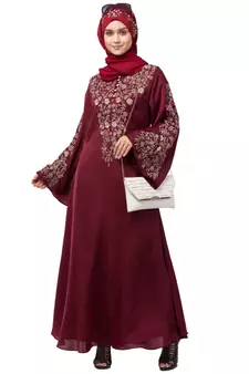 Nazneen Neck and Sleeve Resham Embroidered  A line Party Abaya