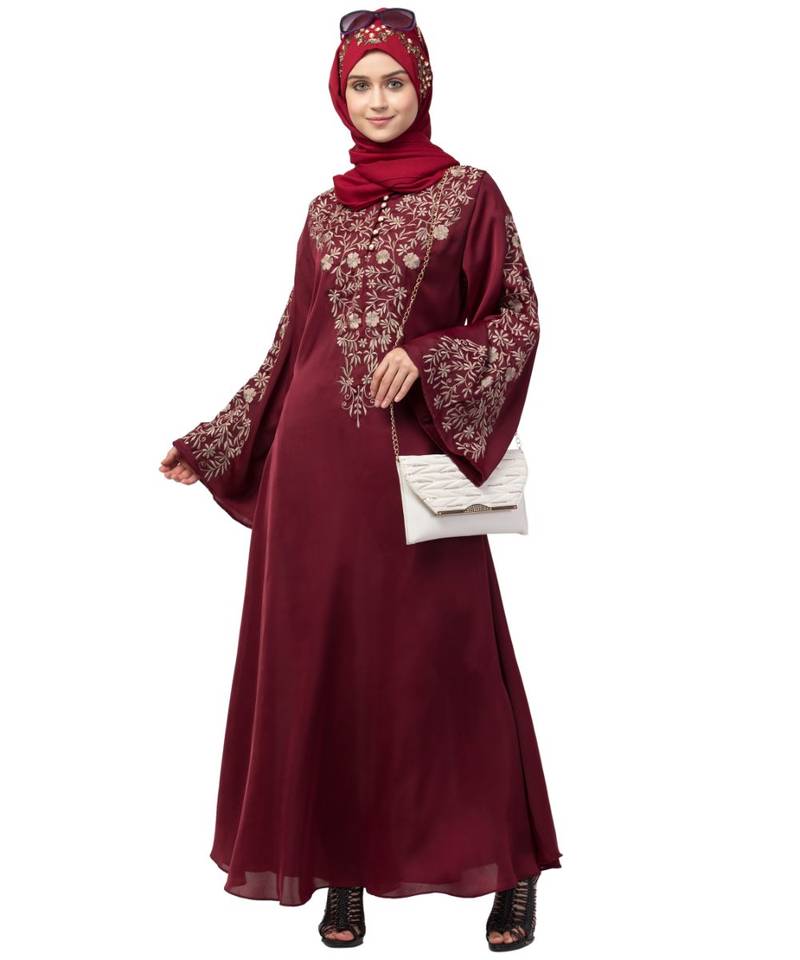 Nazneen Neck and Sleeve Resham Embroidered  A line Party Abaya