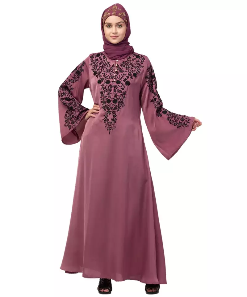 Nazneen Neck and Sleeve Resham Embroidered  A line Party Abaya