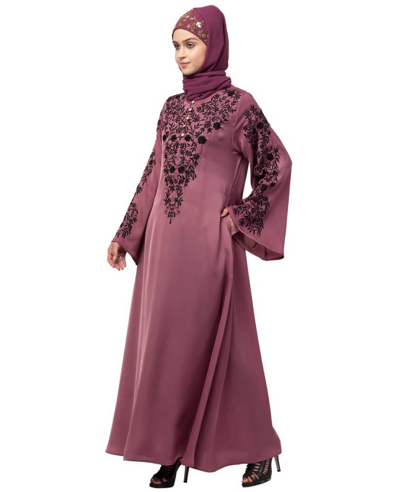 Nazneen Neck and Sleeve Resham Embroidered  A line Party Abaya