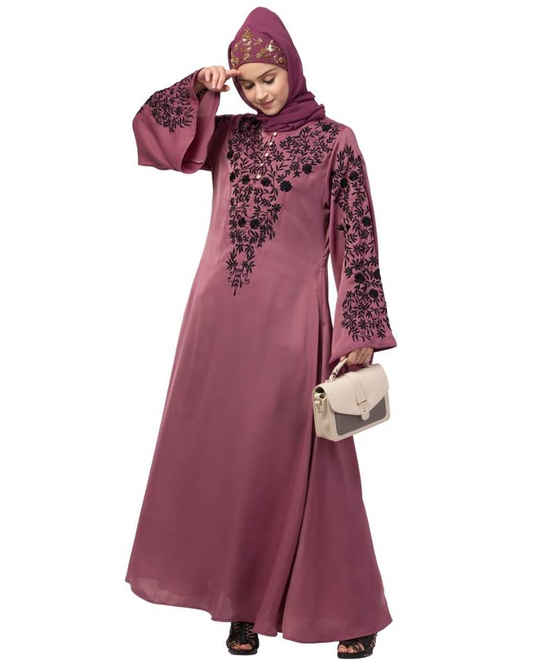 Nazneen Neck and Sleeve Resham Embroidered  A line Party Abaya