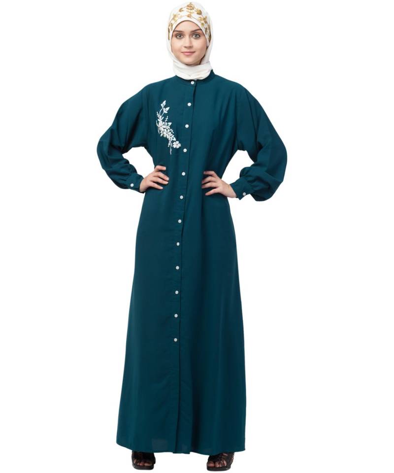 Nazneen Front Open Side embroidery  Contrast Button Abaya