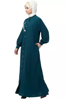 Nazneen Front Open Side embroidery  Contrast Button Abaya