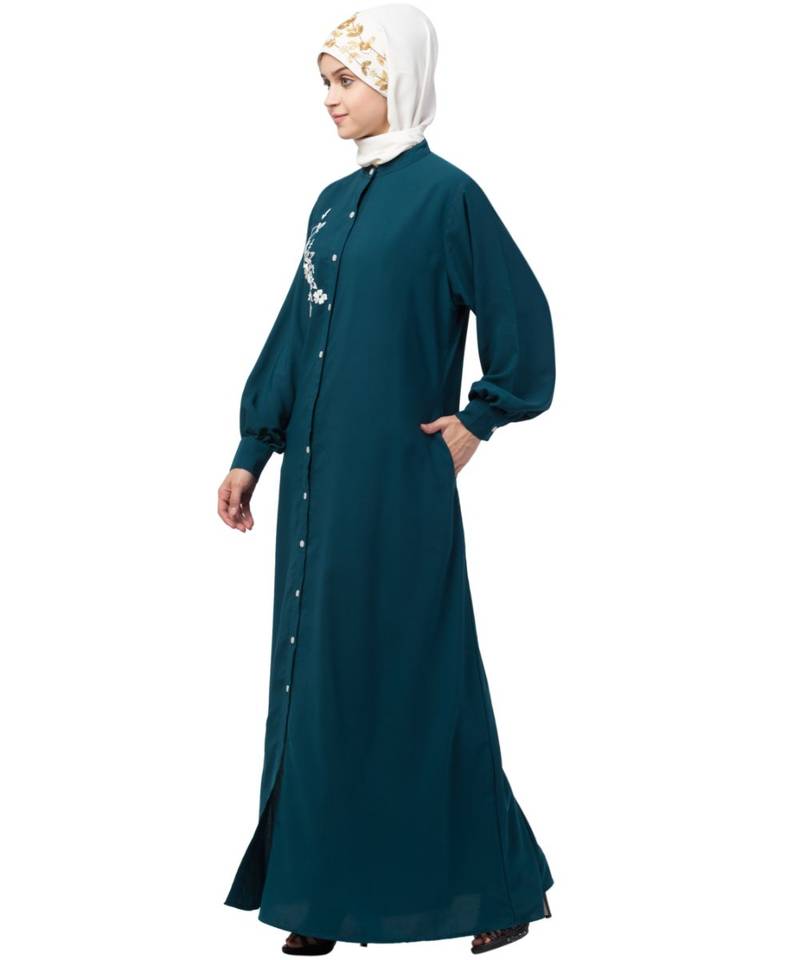 Nazneen Front Open Side embroidery  Contrast Button Abaya