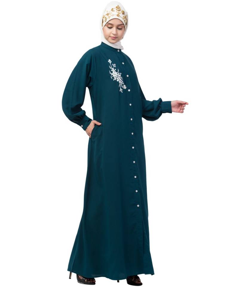 Nazneen Front Open Side embroidery  Contrast Button Abaya
