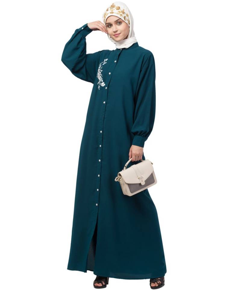 Nazneen Front Open Side embroidery  Contrast Button Abaya