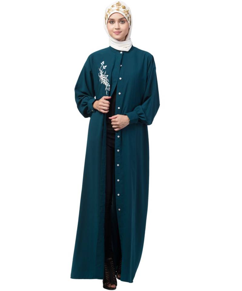 Nazneen Front Open Side embroidery  Contrast Button Abaya