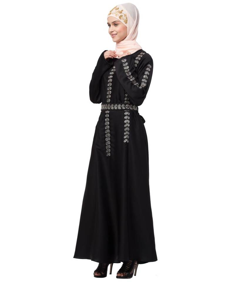 Nazneen Front , back , Sleeve and belt hand embroidery A line Abaya