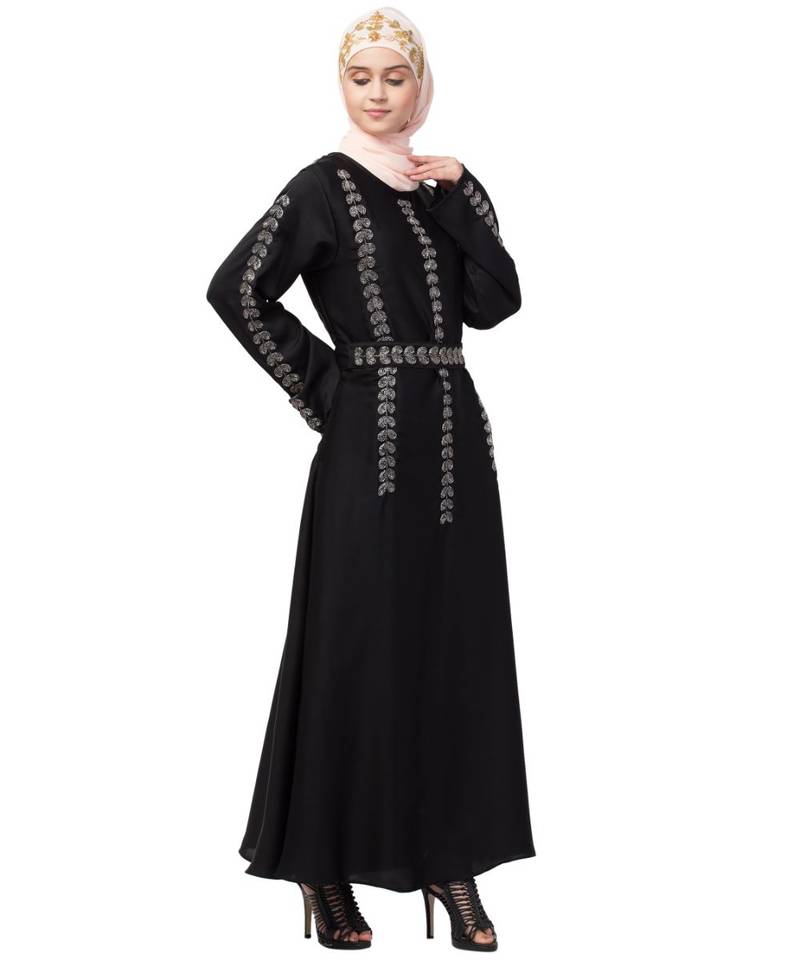 Nazneen Front , back , Sleeve and belt hand embroidery A line Abaya