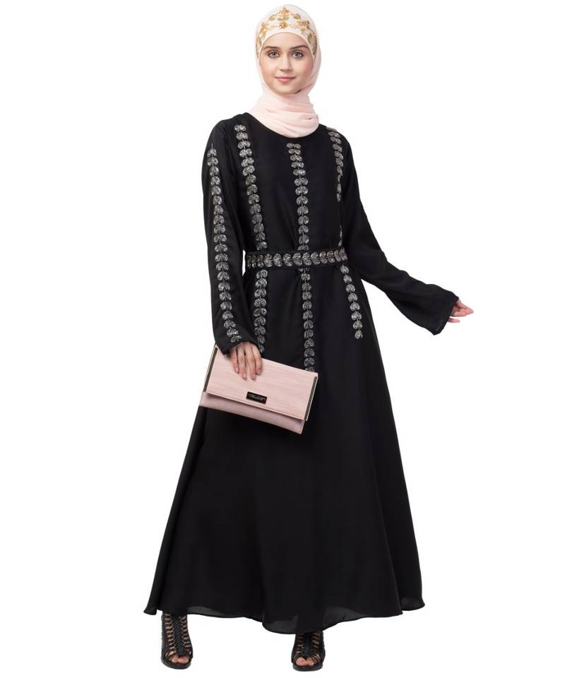 Nazneen Front , back , Sleeve and belt hand embroidery A line Abaya