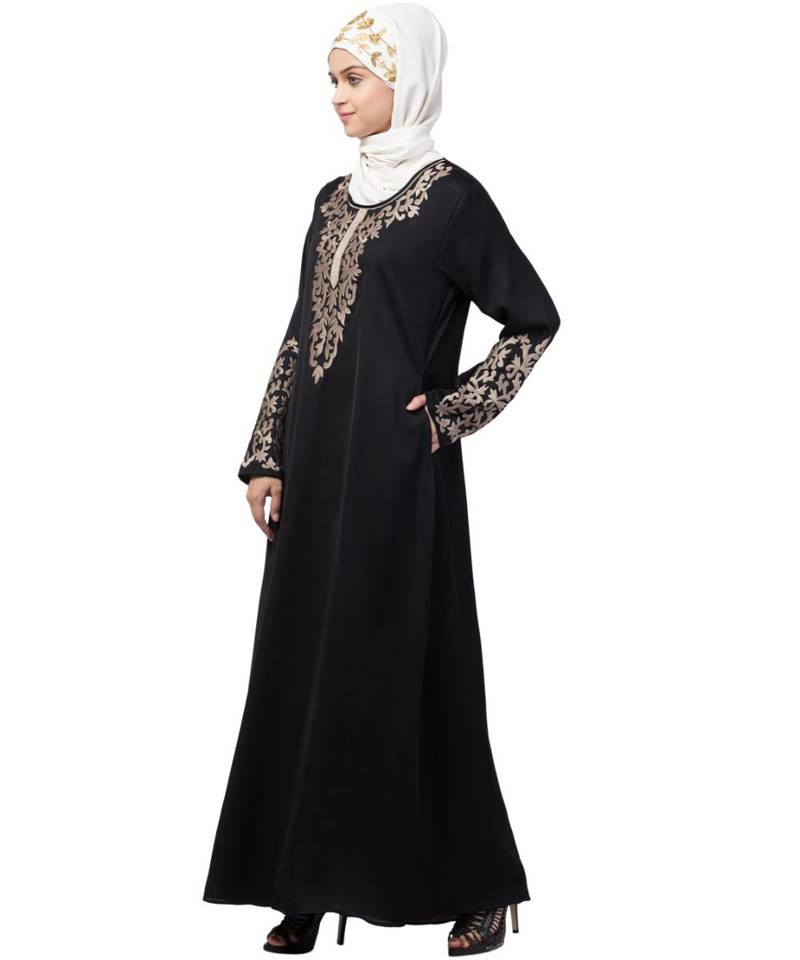 Nazneen Front and Sleeve Resham embroidered A line Abaya