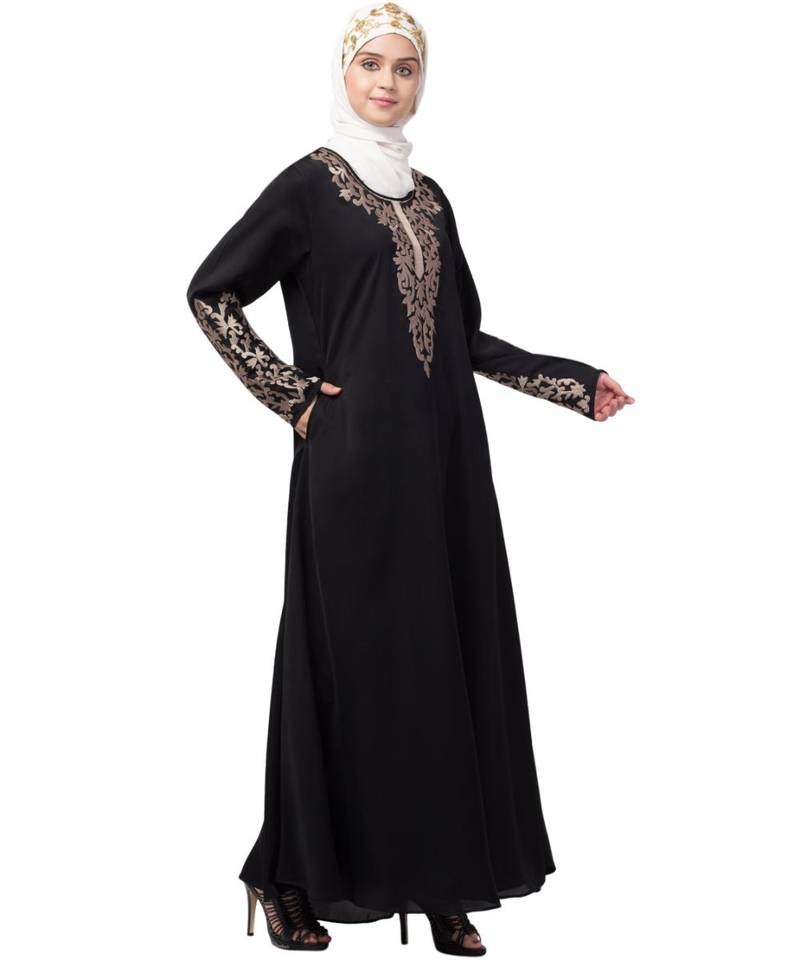 Nazneen Front and Sleeve Resham embroidered A line Abaya