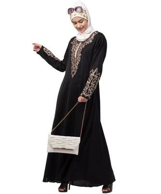 Nazneen Front and Sleeve Resham embroidered A line Abaya 6