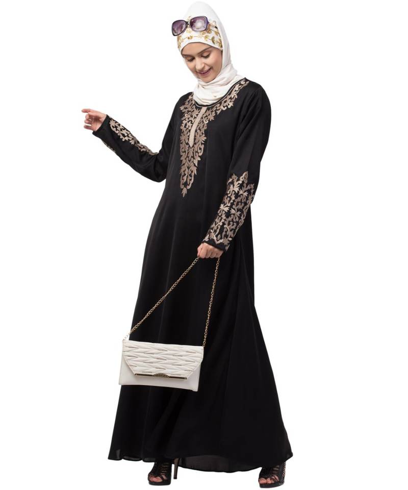 Nazneen Front and Sleeve Resham embroidered A line Abaya