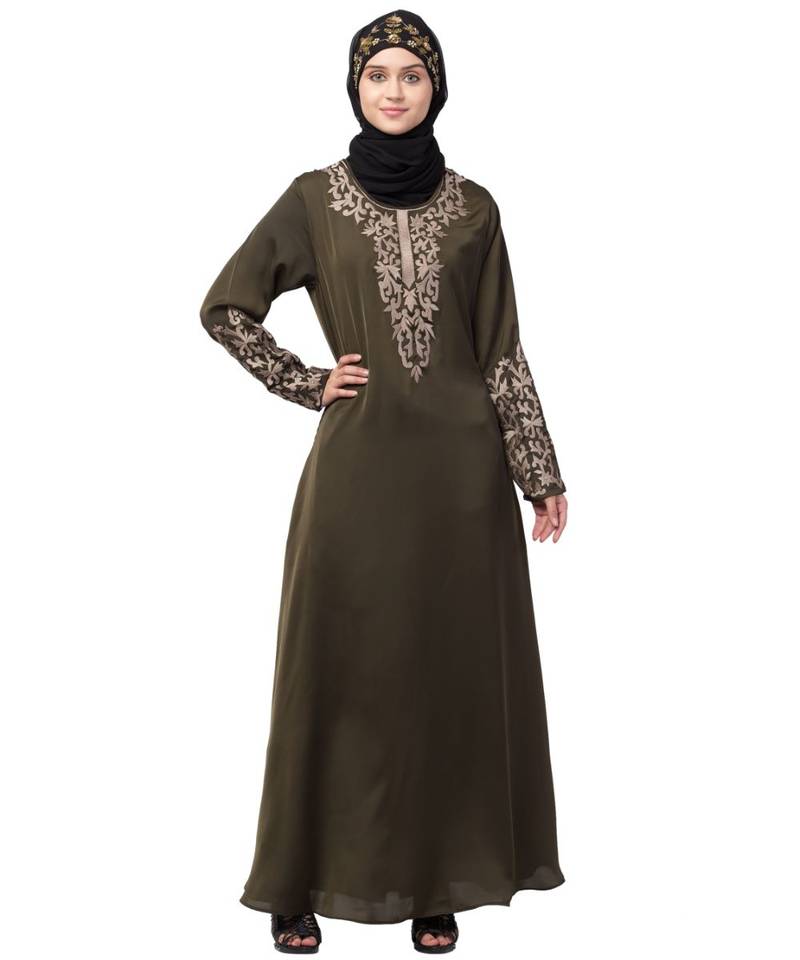 Nazneen Front and Sleeve Resham embroidered A line Abaya