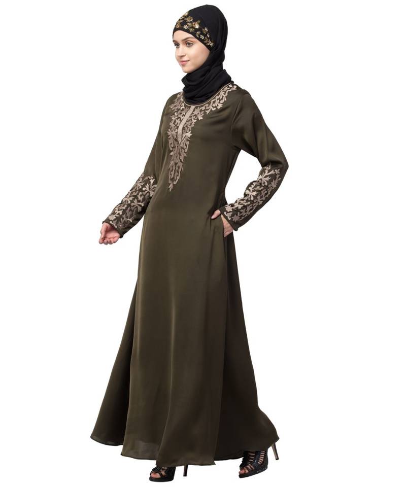 Nazneen Front and Sleeve Resham embroidered A line Abaya