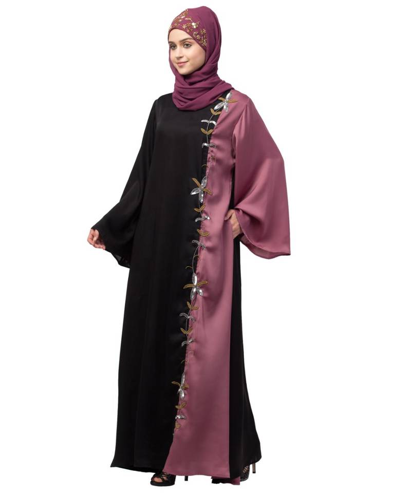 Nazneen Contrast Front & sleeve  Hand work Abaya