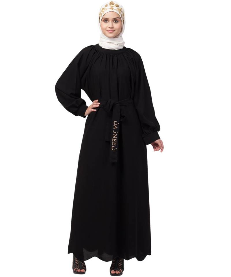 Nazneen Gather at reglan sleeve with belt halter neck Abaya