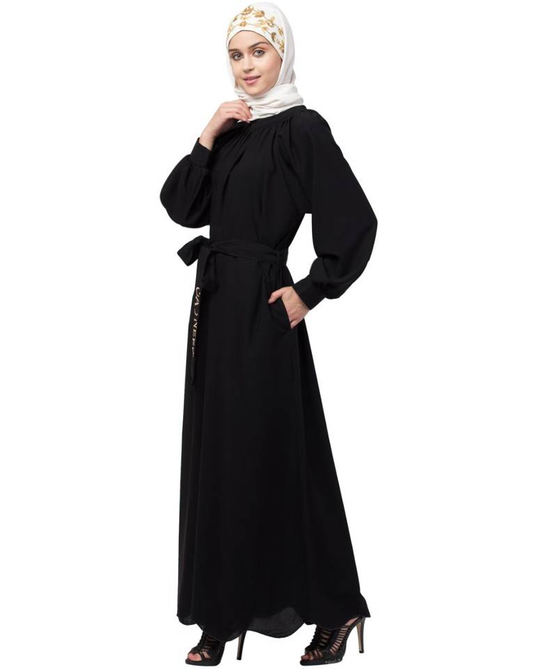 Nazneen Gather at reglan sleeve with belt halter neck Abaya