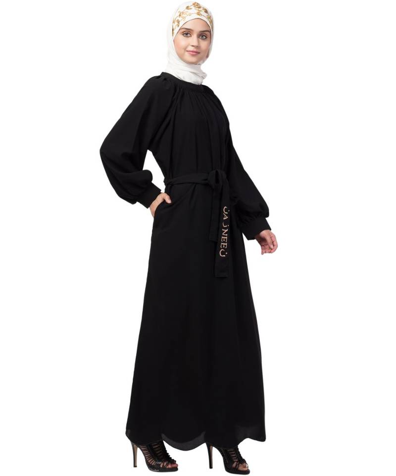 Nazneen Gather at reglan sleeve with belt halter neck Abaya