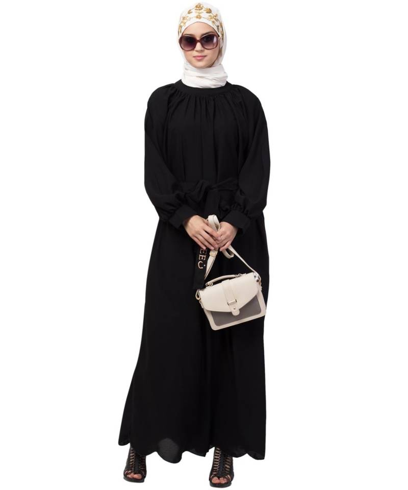 Nazneen Gather at reglan sleeve with belt halter neck Abaya