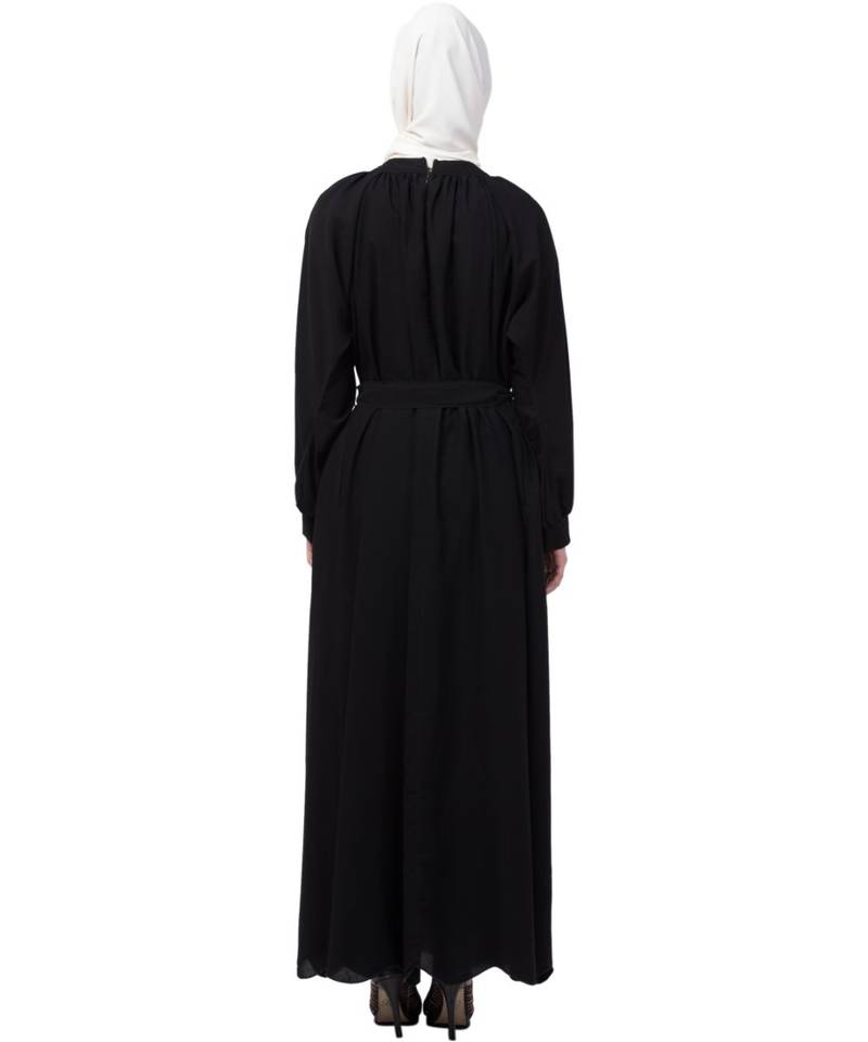 Nazneen Gather at reglan sleeve with belt halter neck Abaya