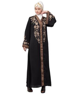 Black Nazneen Resham Embroidered Front Open Eid Ramadan Abaya 1