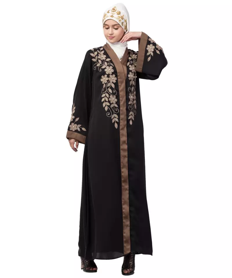 Nazneen front and sleeve resham embroidery contrast band front open abaya