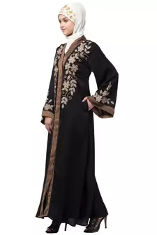 Black Nazneen Resham Embroidered Front Open Eid Ramadan Abaya