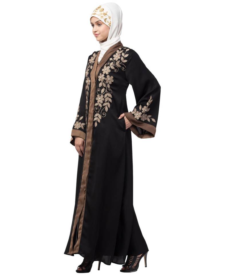Black Nazneen Resham Embroidered Front Open Eid Ramadan Abaya