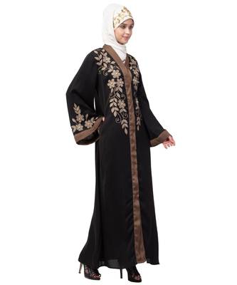 Black Nazneen Resham Embroidered Front Open Eid Ramadan Abaya 4