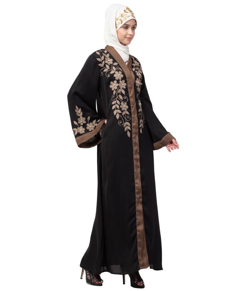 Black Nazneen Resham Embroidered Front Open Eid Ramadan Abaya
