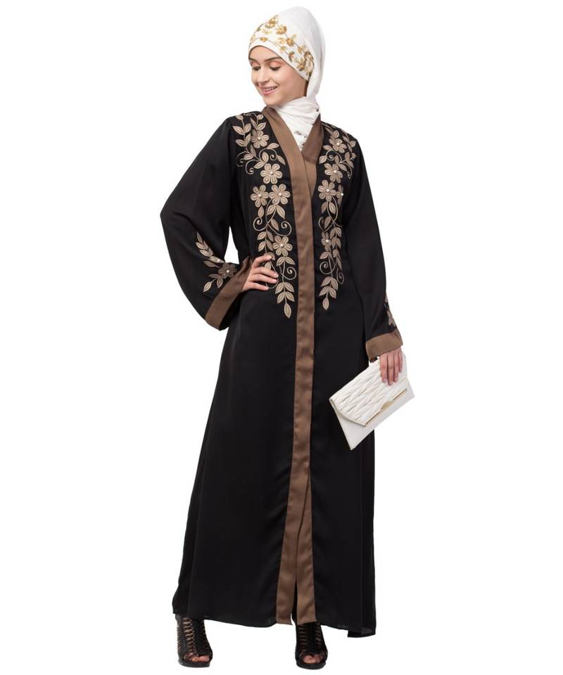 Black Nazneen Resham Embroidered Front Open Eid Ramadan Abaya