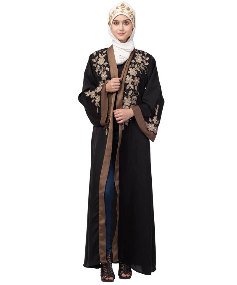 Black Nazneen Resham Embroidered Front Open Eid Ramadan Abaya