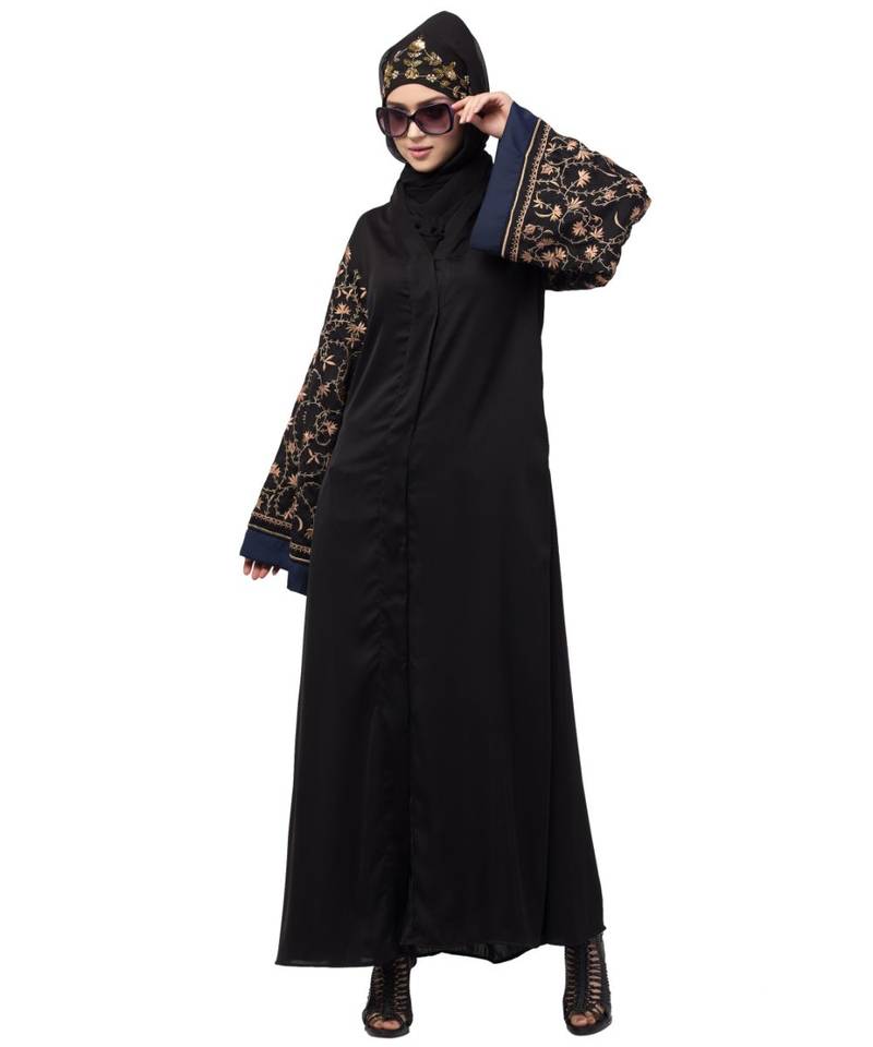 NazneenBoth sleeve resham embroidered front open Dubai Abaya