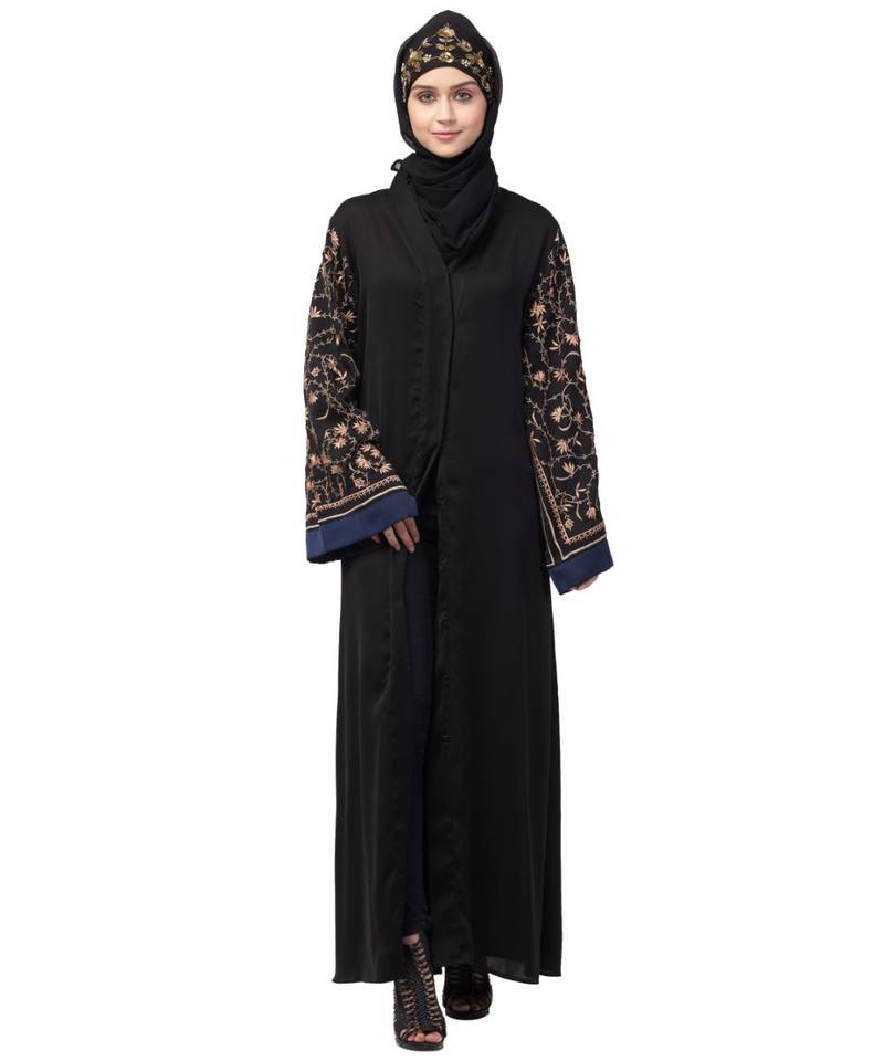 NazneenBoth sleeve resham embroidered front open Dubai Abaya