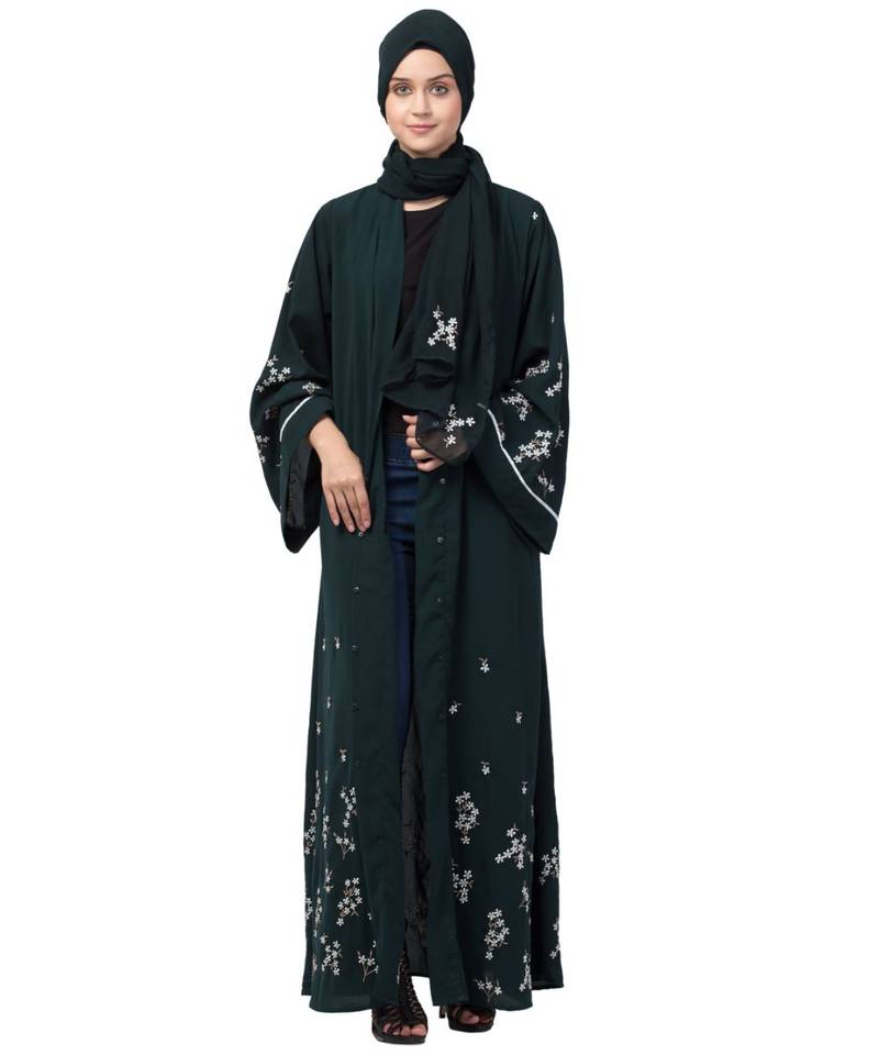 Nazneen Front Open Front Back sleeve with Hijab Embroidered Abaya cum Kaftan